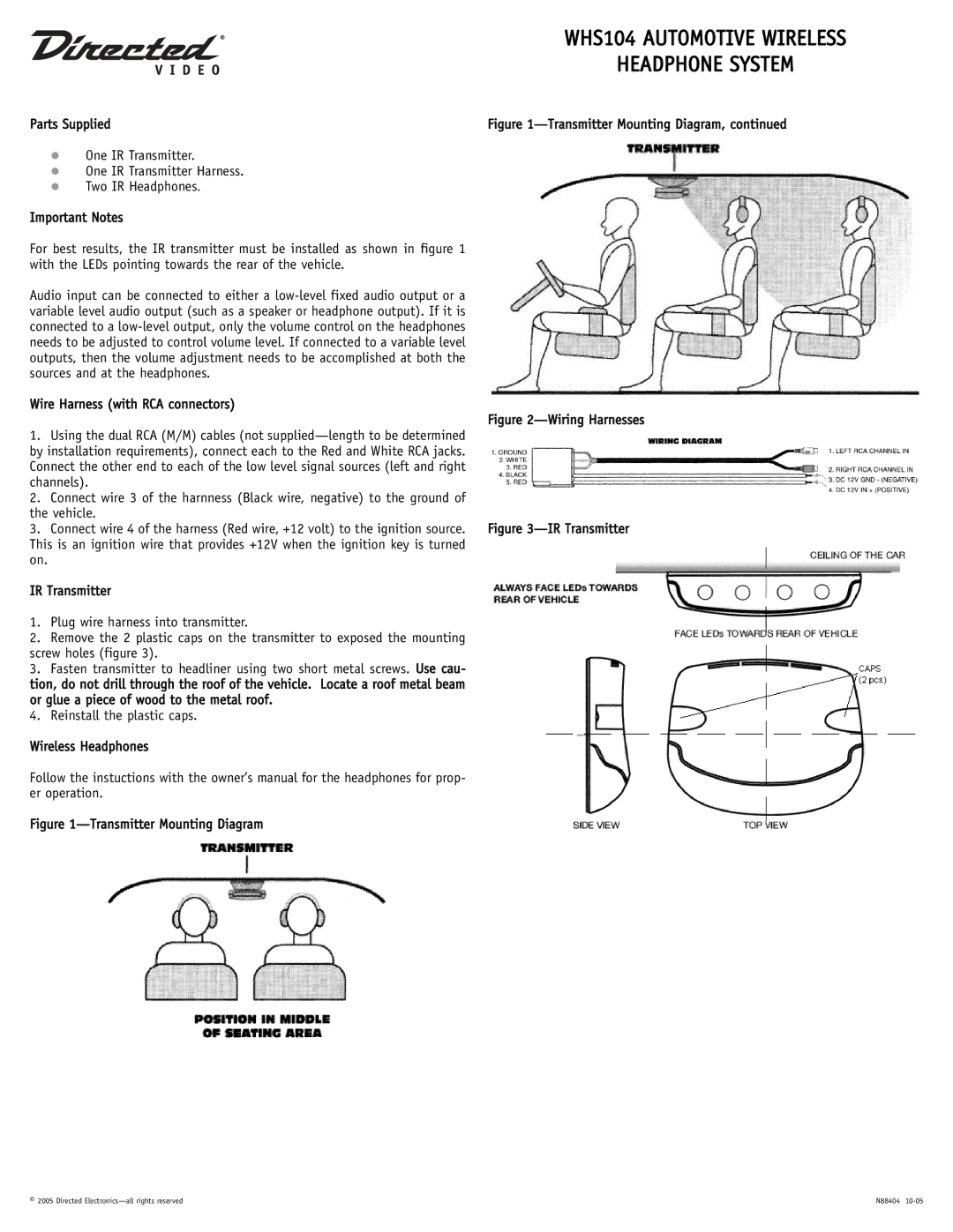 Directed Video owner manual WHS104 Automotive Wireless, Headphone System 