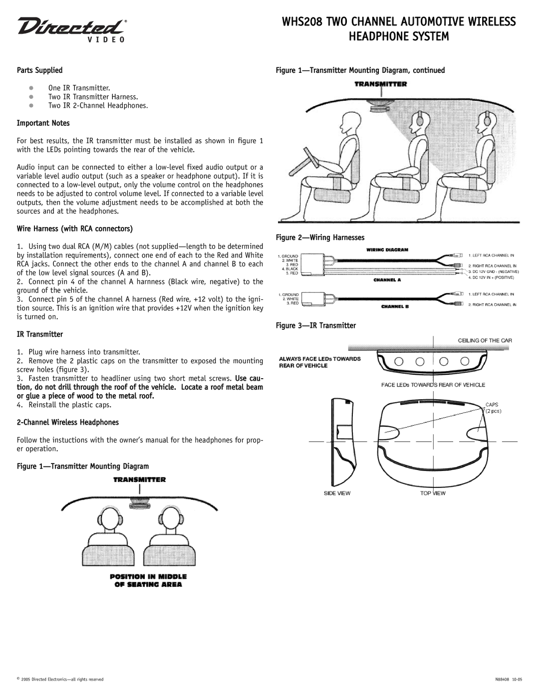 Directed Video owner manual WHS208 TWO Channel Automotive Wireless Headphone System, Transmitter Mounting Diagram 