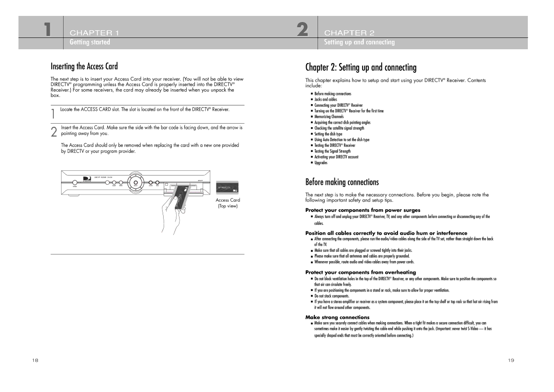 DirecTV D10-200 manual Setting up and connecting, Inserting the Access Card, Before making connections 