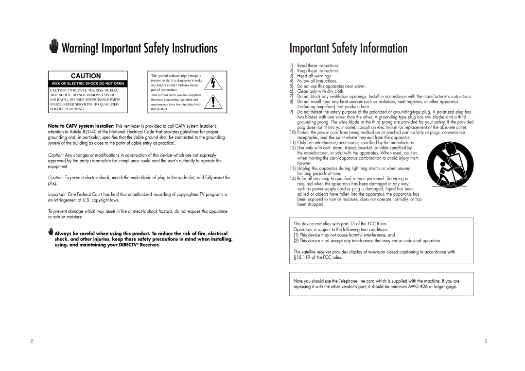 DirecTV D10-200 manual Important Safety Information 