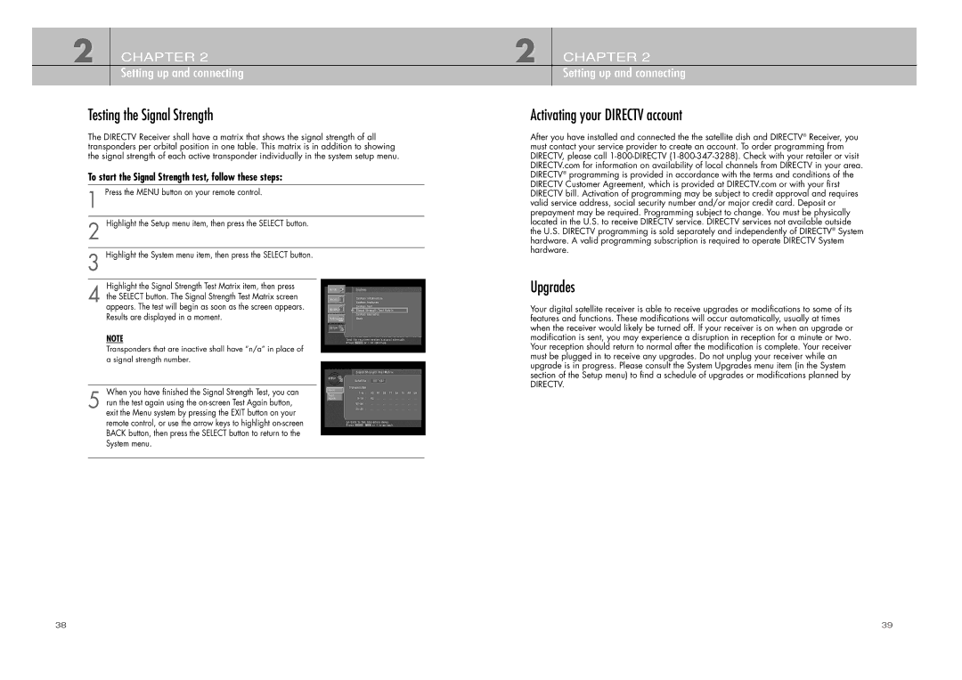 DirecTV D10-200 manual Testing the Signal Strength, Activating your Directv account Upgrades 