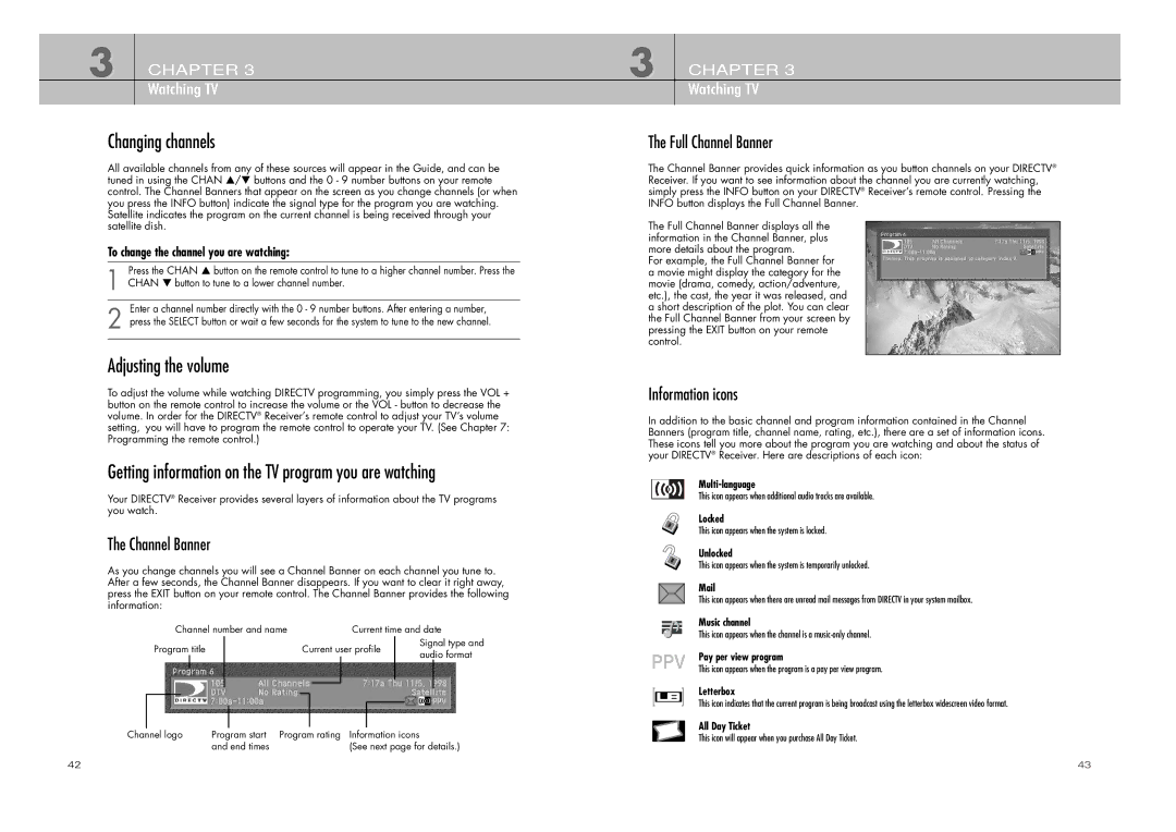 DirecTV D10-200 manual Changing channels, Adjusting the volume, Getting information on the TV program you are watching 