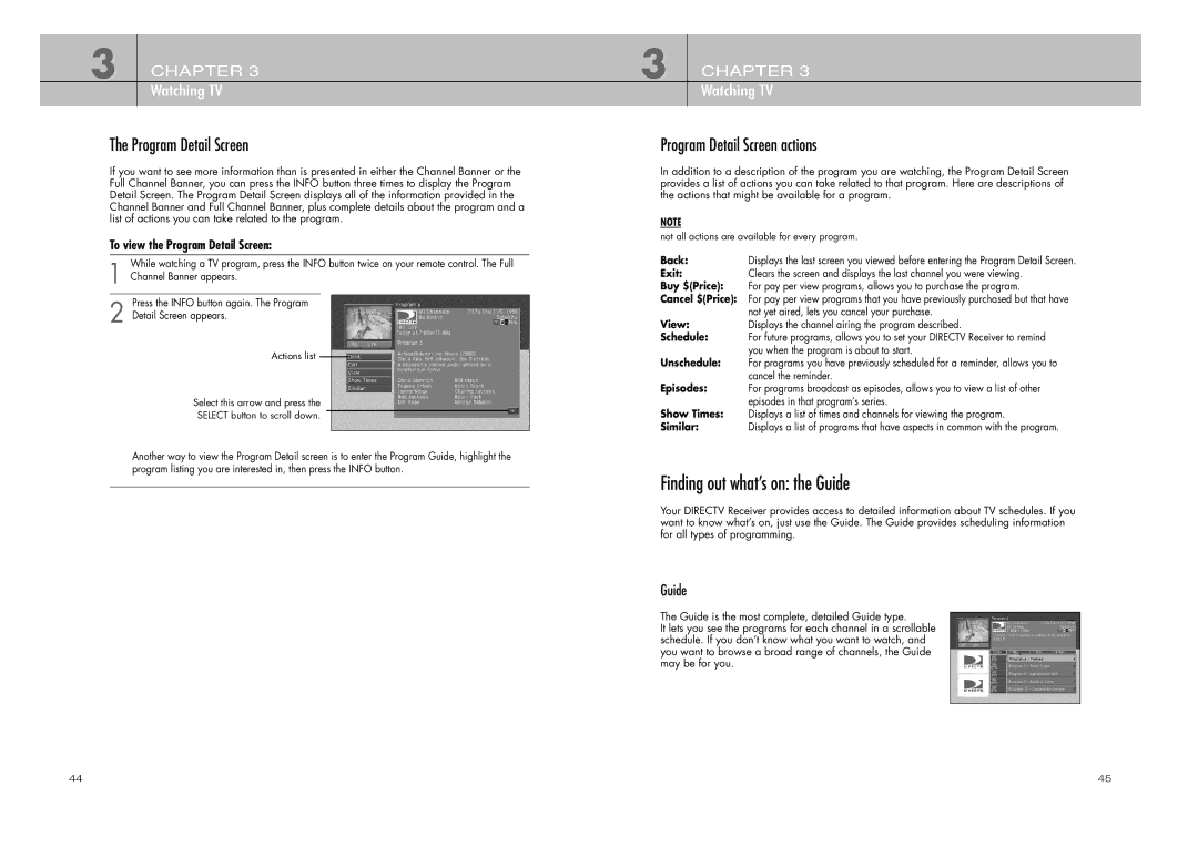 DirecTV D10-200 Finding out what’s on the Guide, Program Detail Screen actions, To view the Program Detail Screen 