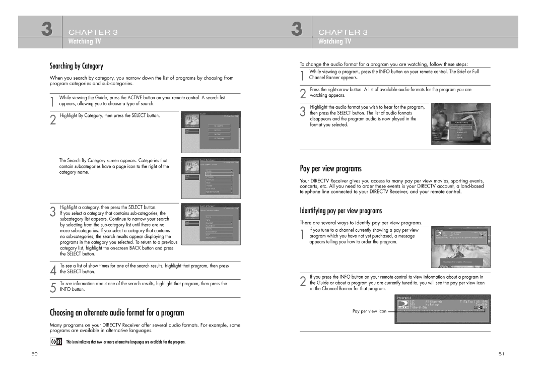DirecTV D10-200 manual Choosing an alternate audio format for a program, Pay per view programs, Searching by Category 