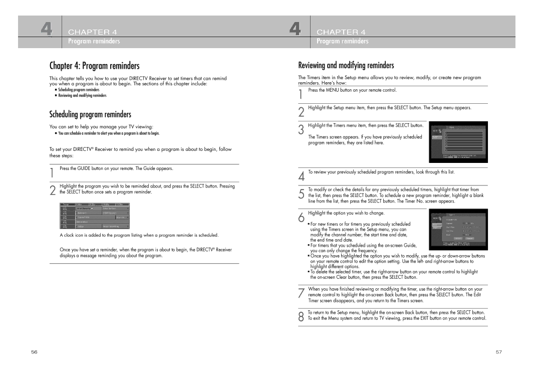 DirecTV D10-200 manual Program reminders, Scheduling program reminders, Reviewing and modifying reminders 