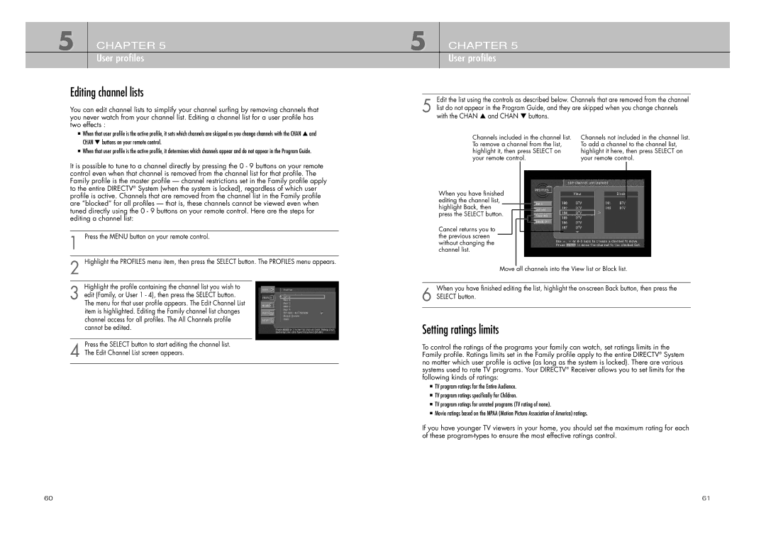 DirecTV D10-200 manual Editing channel lists, Setting ratings limits 