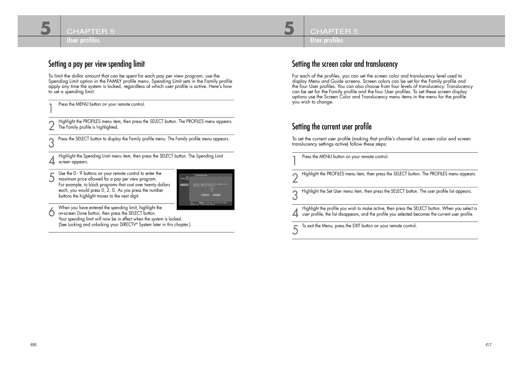 DirecTV D10-200 manual Setting a pay per view spending limit, Setting the screen color and translucency 