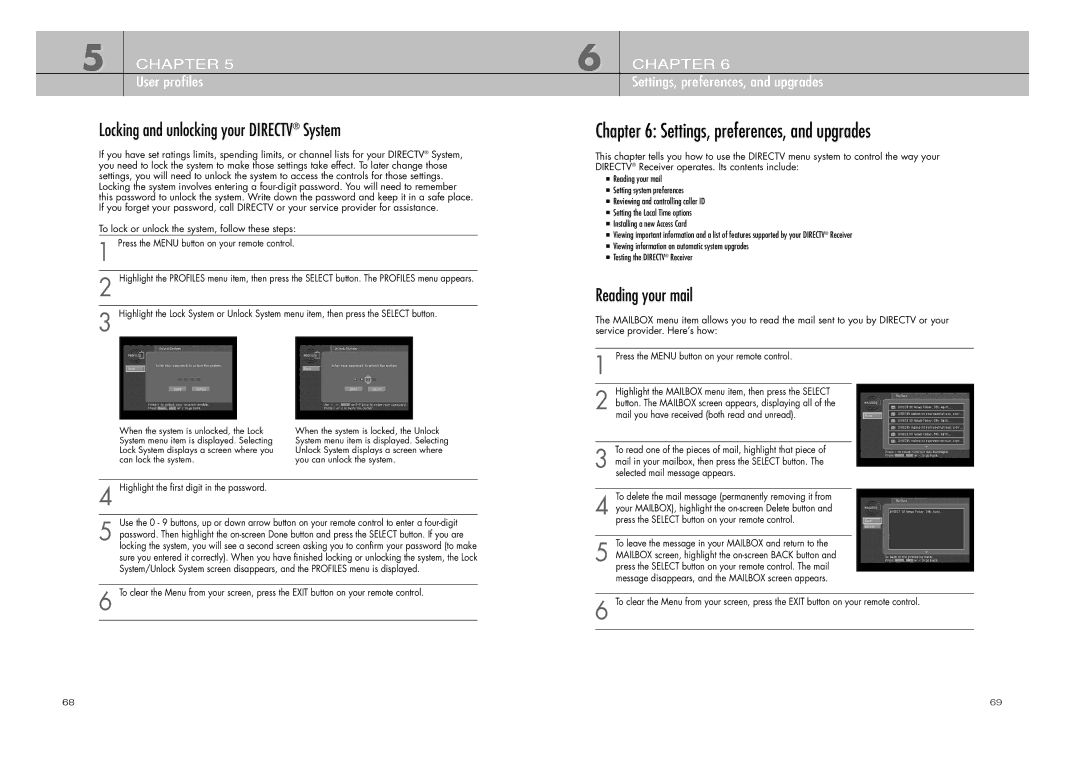 DirecTV D10-200 manual Settings, preferences, and upgrades, Locking and unlocking your Directv System, Reading your mail 
