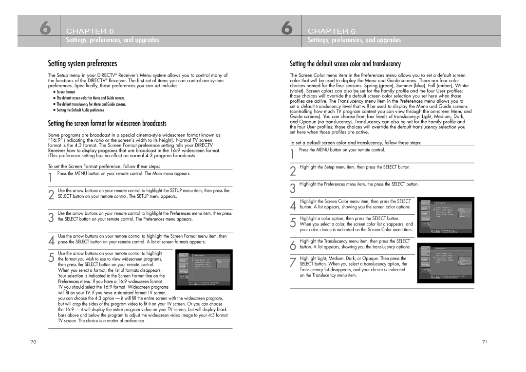 DirecTV D10-200 manual Setting system preferences, Setting the screen format for widescreen broadcasts 