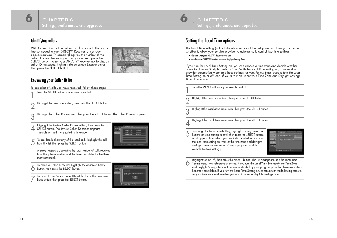 DirecTV D10-200 manual Setting the Local Time options, Identifying callers, Reviewing your Caller ID list 