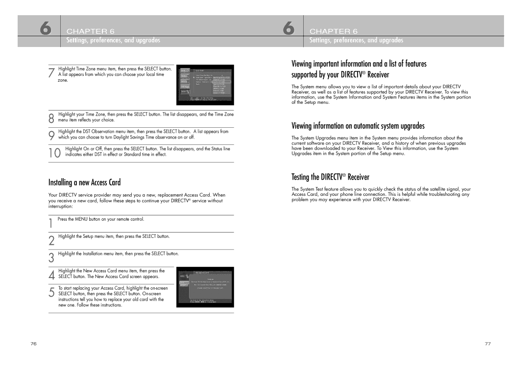 DirecTV D10-200 manual Installing a new Access Card, Viewing information on automatic system upgrades 