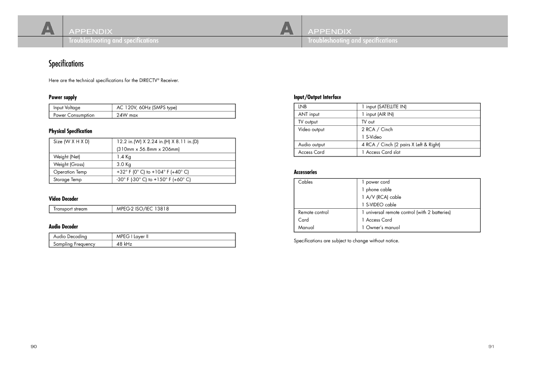 DirecTV D10-200 manual Specifications 