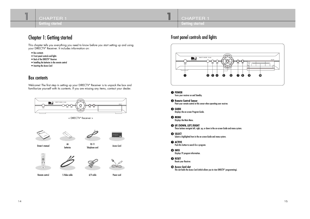 DirecTV D10-200 manual Getting started, Box contents, Front panel controls and lights 