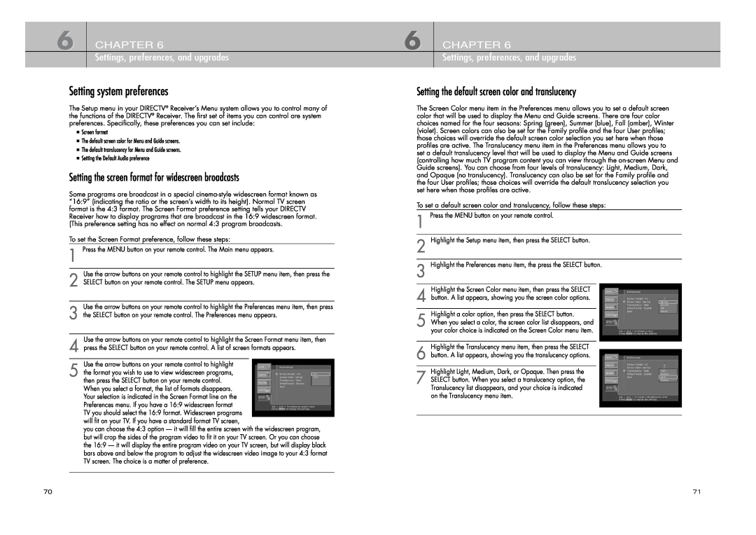 DirecTV D10-200 manual Setting system preferences, Setting the screen format for widescreen broadcasts, Chapter 