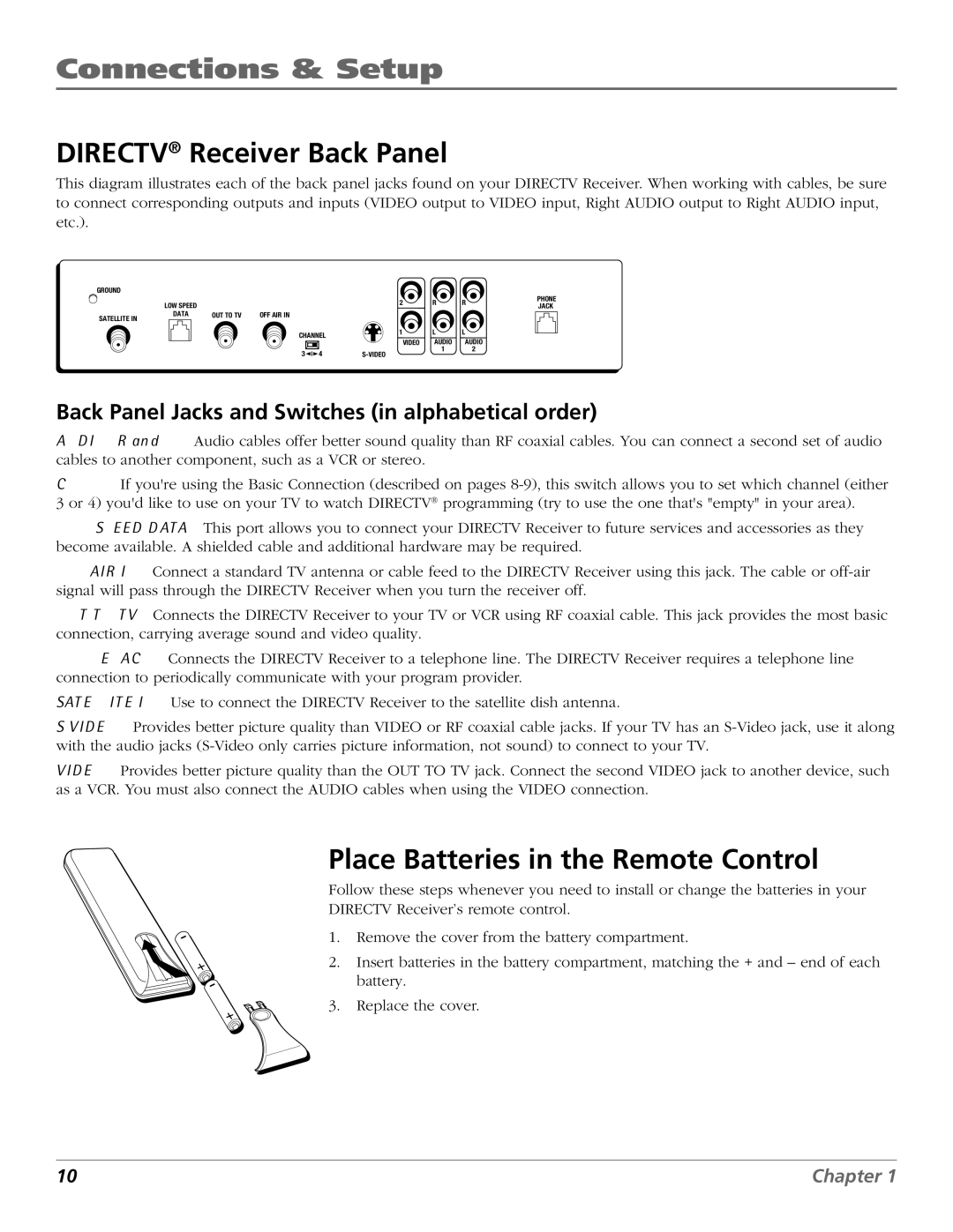 DirecTV D10 manual Directv Receiver Back Panel, Place Batteries in the Remote Control 