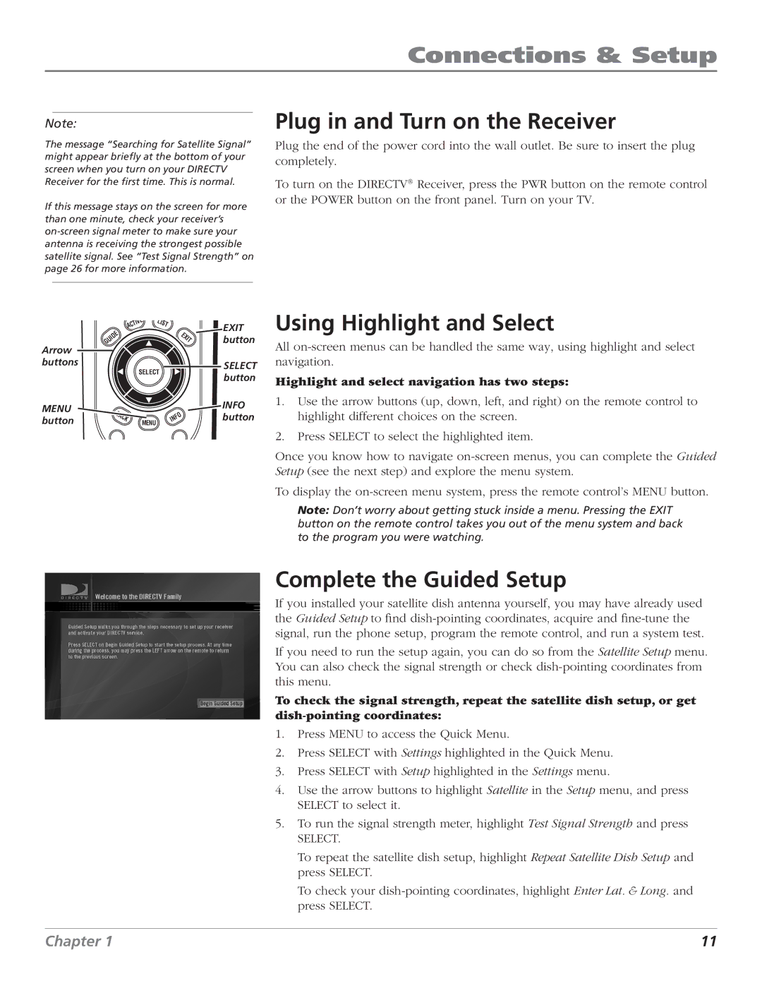 DirecTV D10 manual Plug in and Turn on the Receiver, Using Highlight and Select, Complete the Guided Setup 