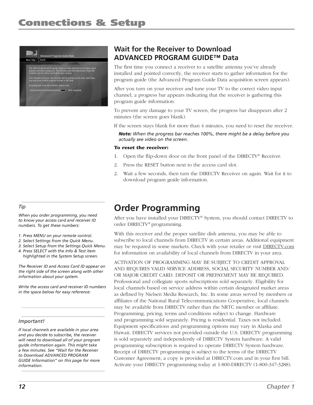 DirecTV D10 manual Order Programming, To reset the receiver 