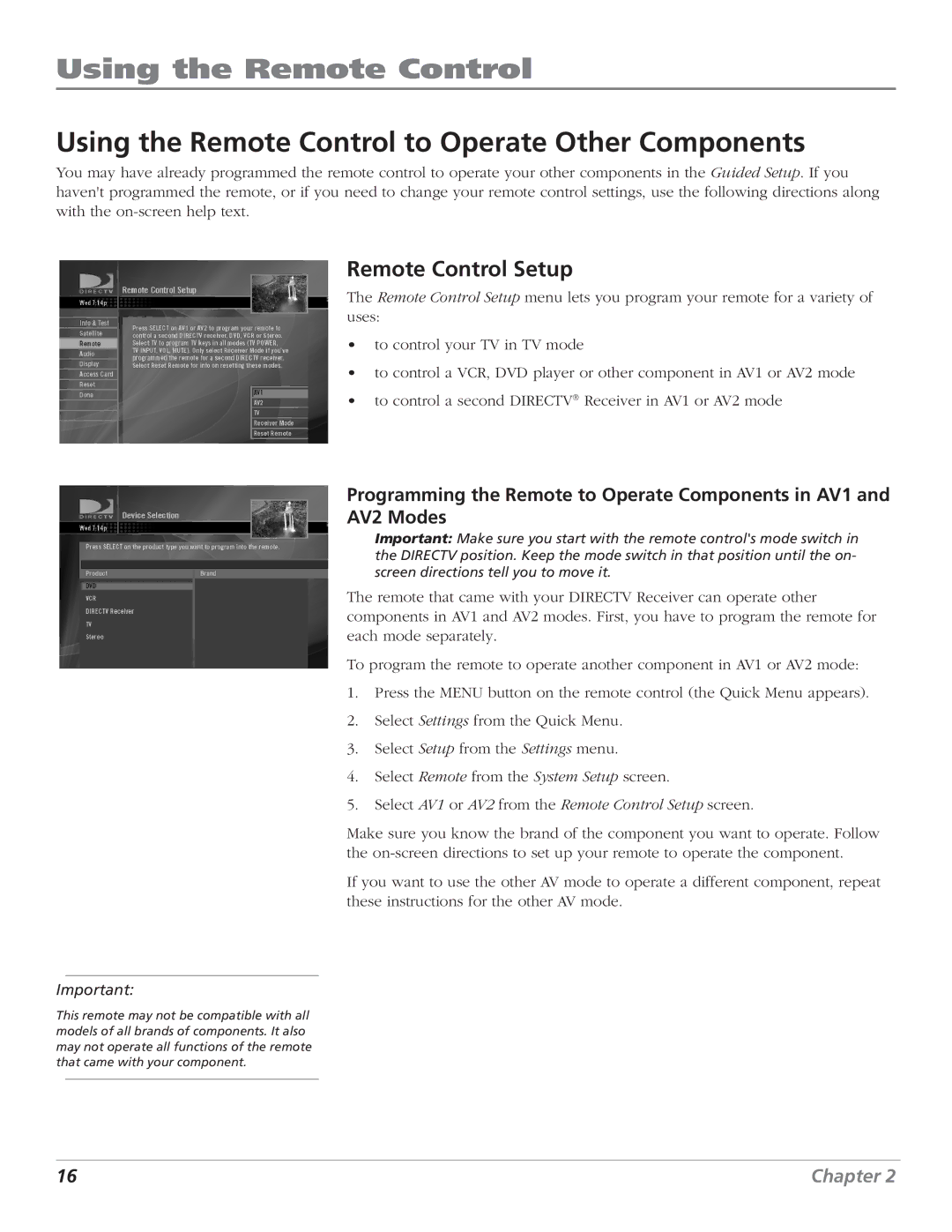 DirecTV D10 manual Using the Remote Control to Operate Other Components, Remote Control Setup 