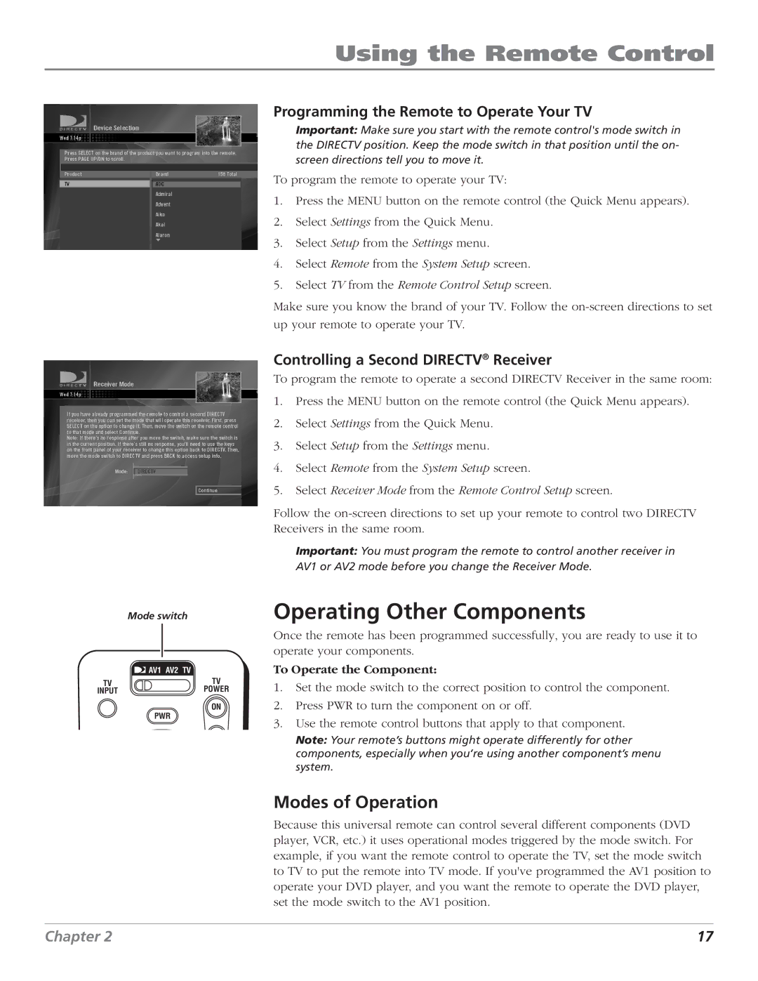 DirecTV D10 manual Operating Other Components, Modes of Operation, Programming the Remote to Operate Your TV 