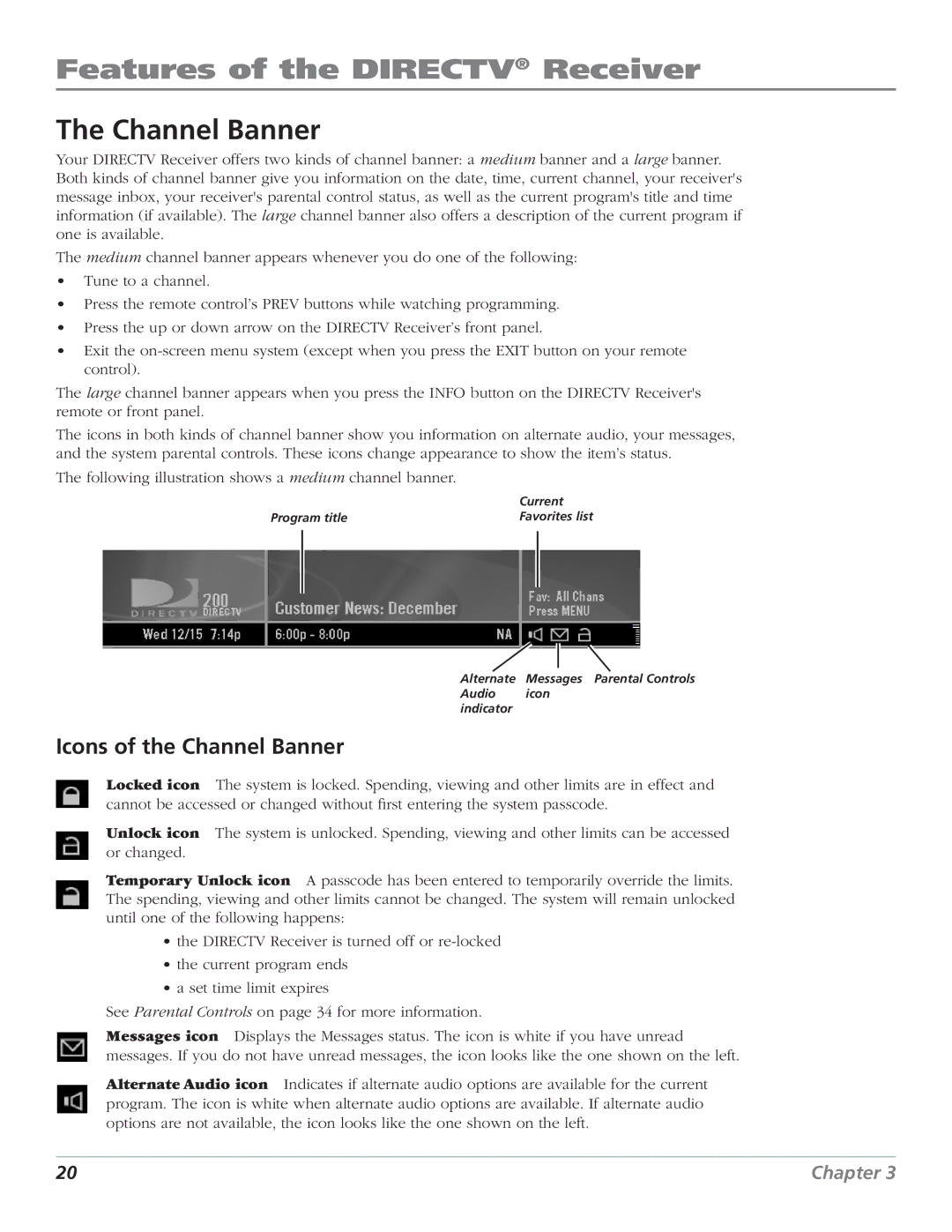 DirecTV D10 manual Icons of the Channel Banner 