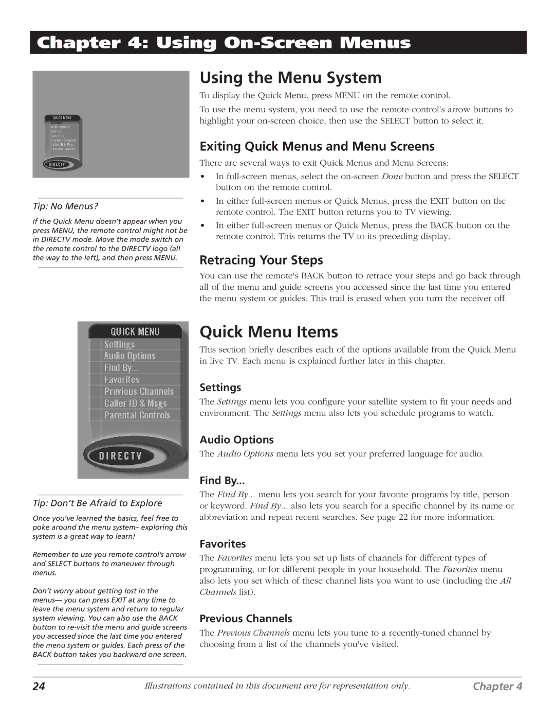 DirecTV D10 manual Using the Menu System, Quick Menu Items, Exiting Quick Menus and Menu Screens, Retracing Your Steps 