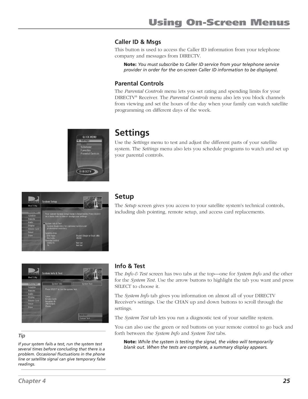 DirecTV D10 manual Using On-Screen Menus, Settings, Setup 