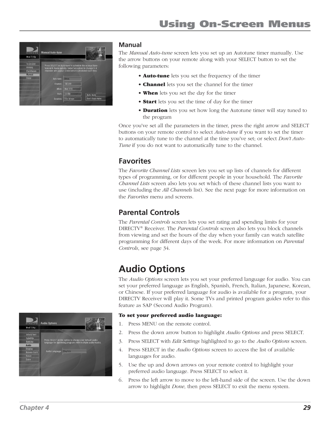 DirecTV D10 manual Audio Options, Manual, To set your preferred audio language 