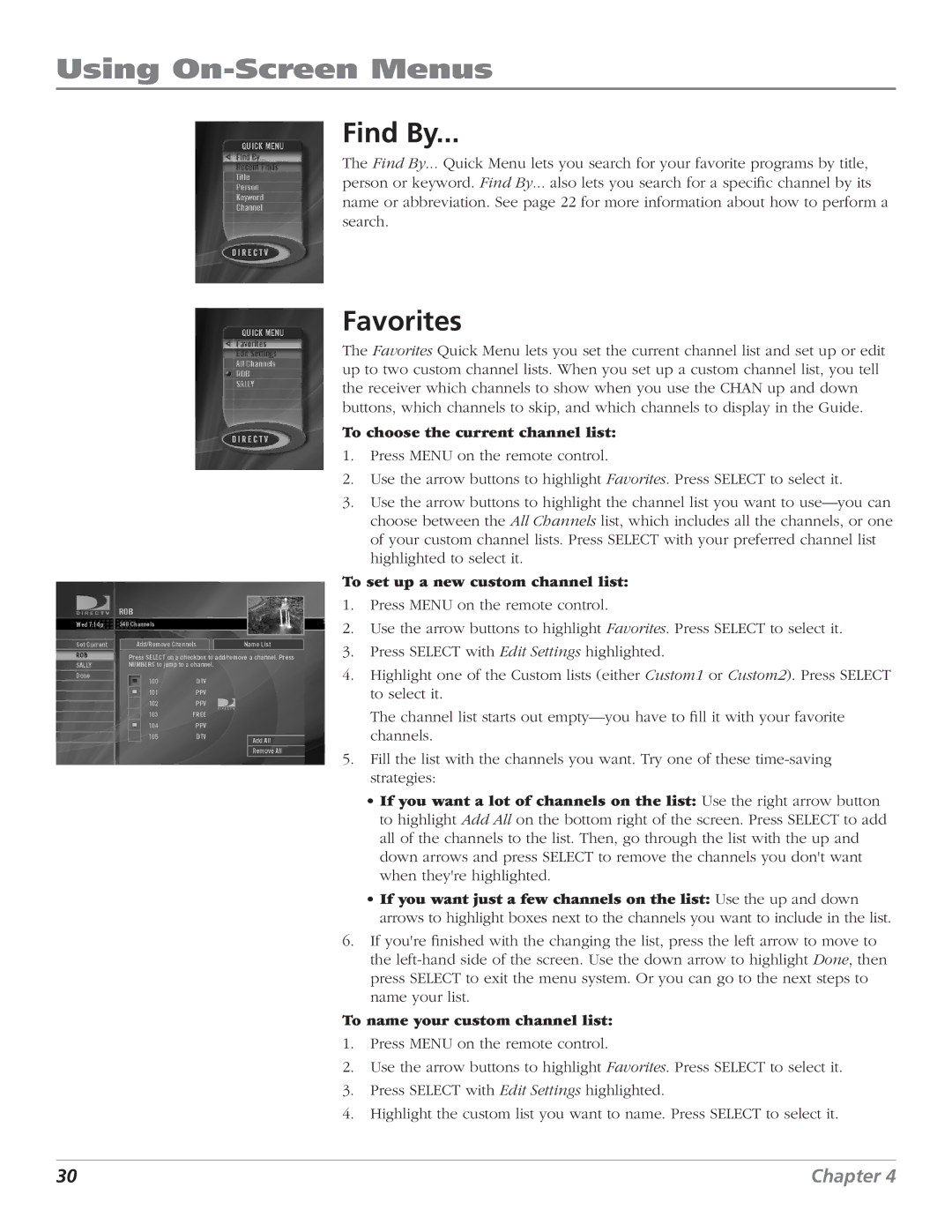 DirecTV D10 manual Find By, Favorites, To choose the current channel list, To set up a new custom channel list 