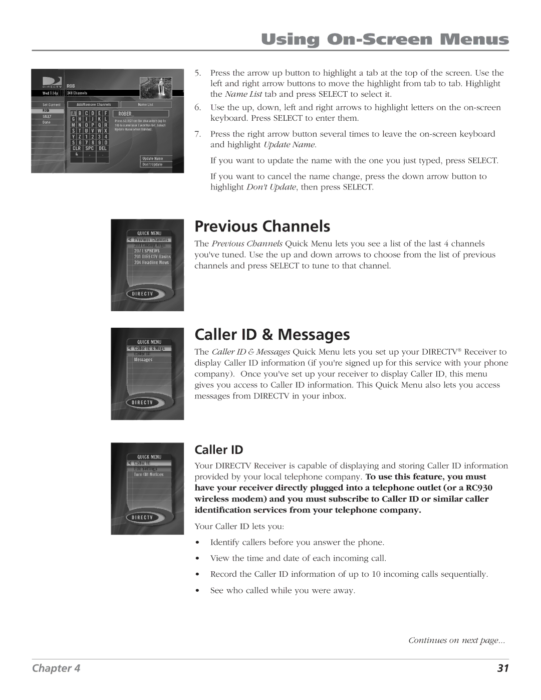 DirecTV D10 manual Previous Channels, Caller ID & Messages 