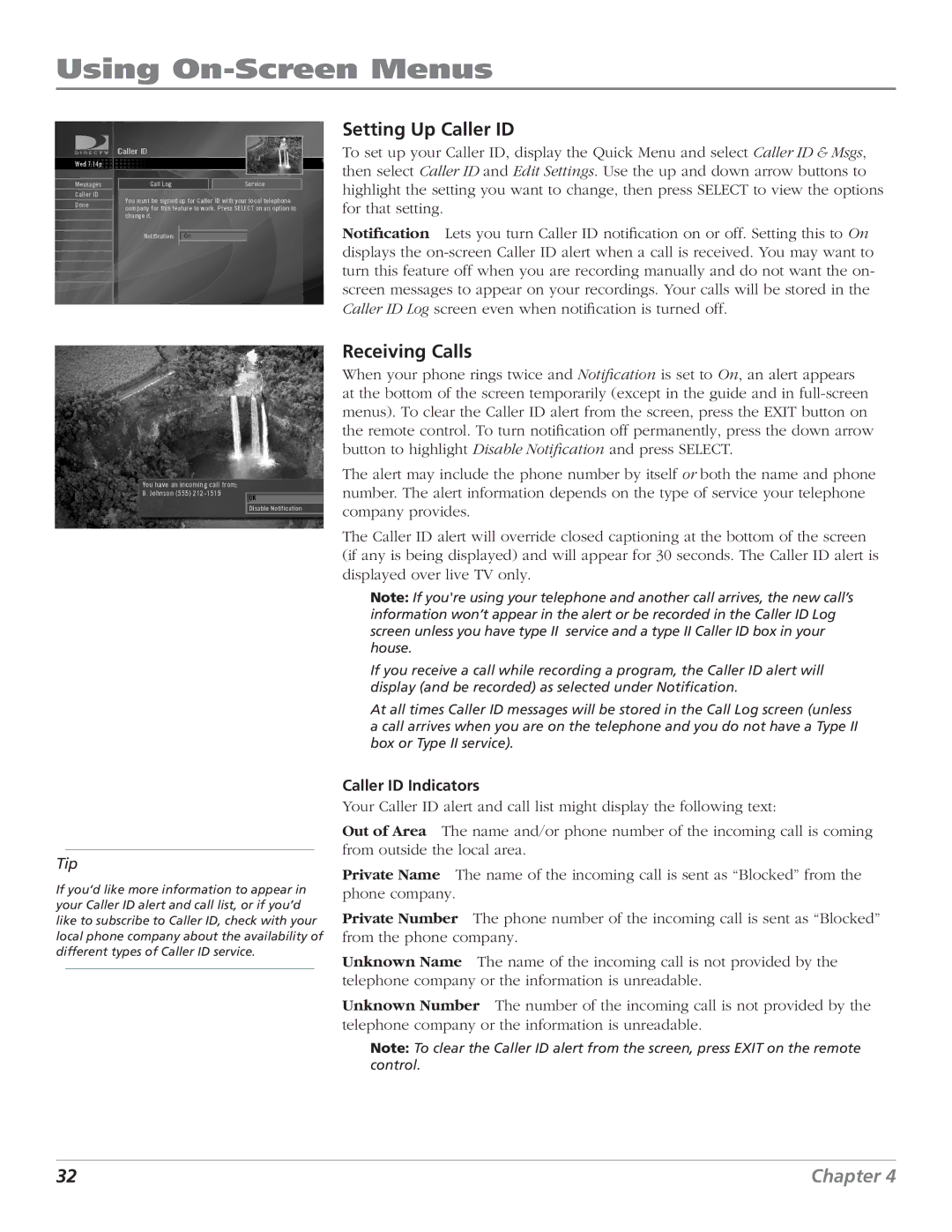 DirecTV D10 manual Setting Up Caller ID, Receiving Calls, Caller ID Indicators 
