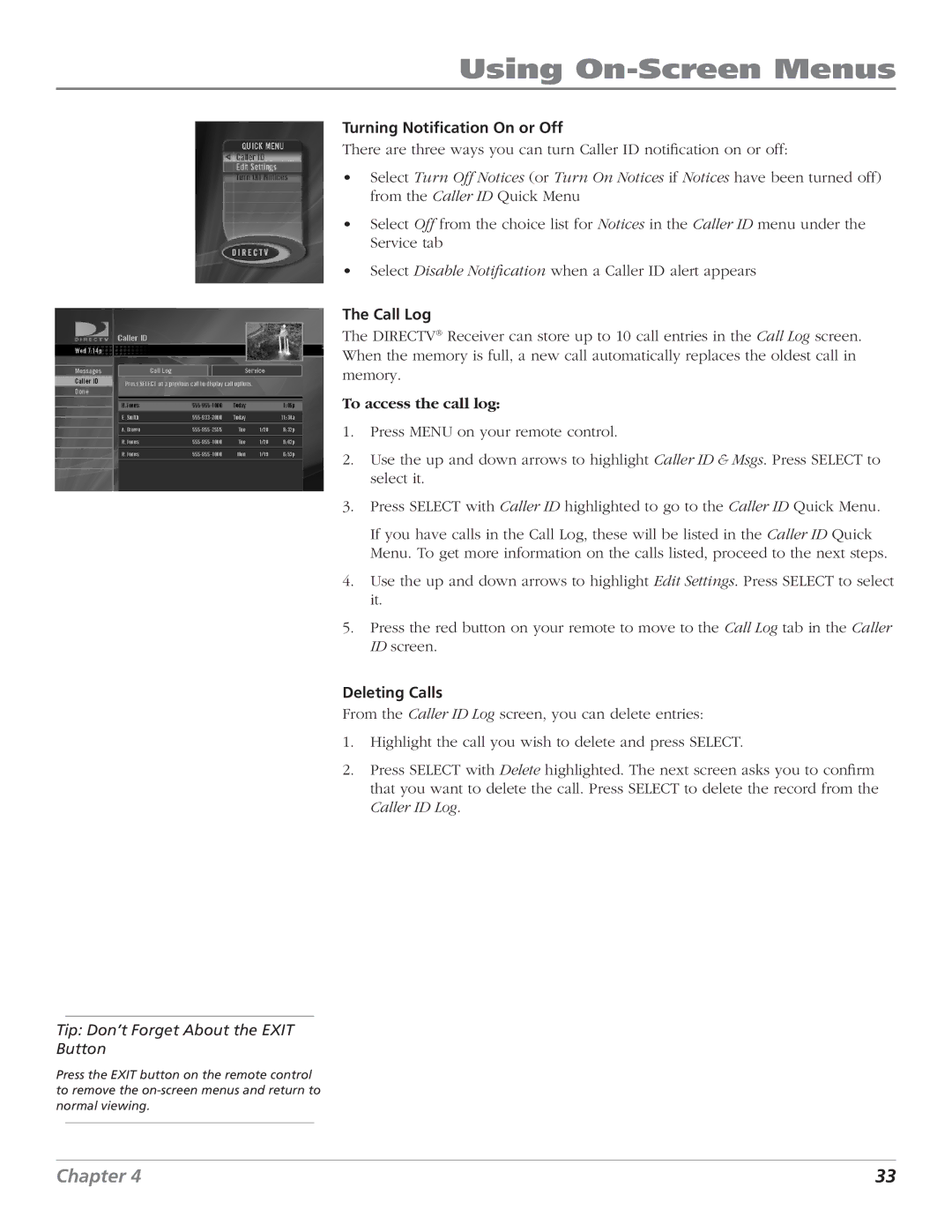 DirecTV D10 manual Turning Notification On or Off, Call Log, To access the call log, Deleting Calls 