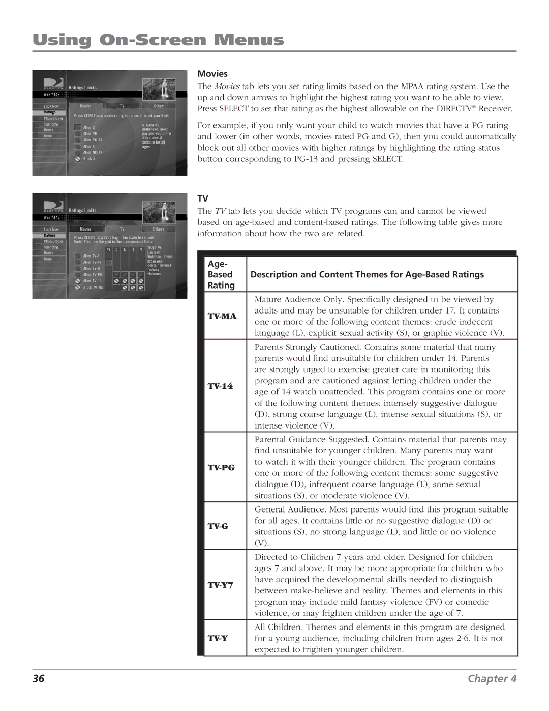 DirecTV D10 manual Movies, TV-14, TV-Y7 