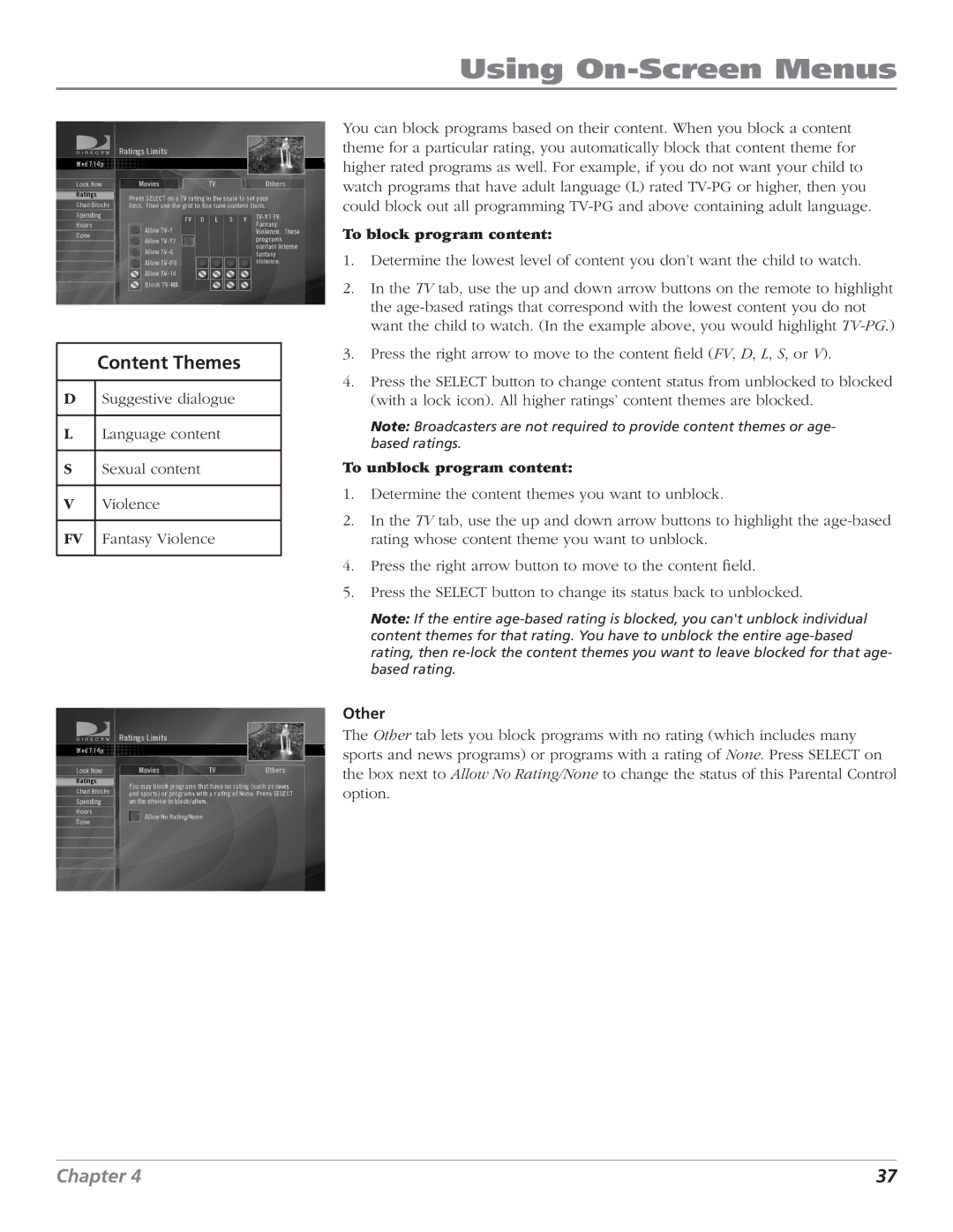 DirecTV D10 manual Content Themes, To block program content, To unblock program content, Other 