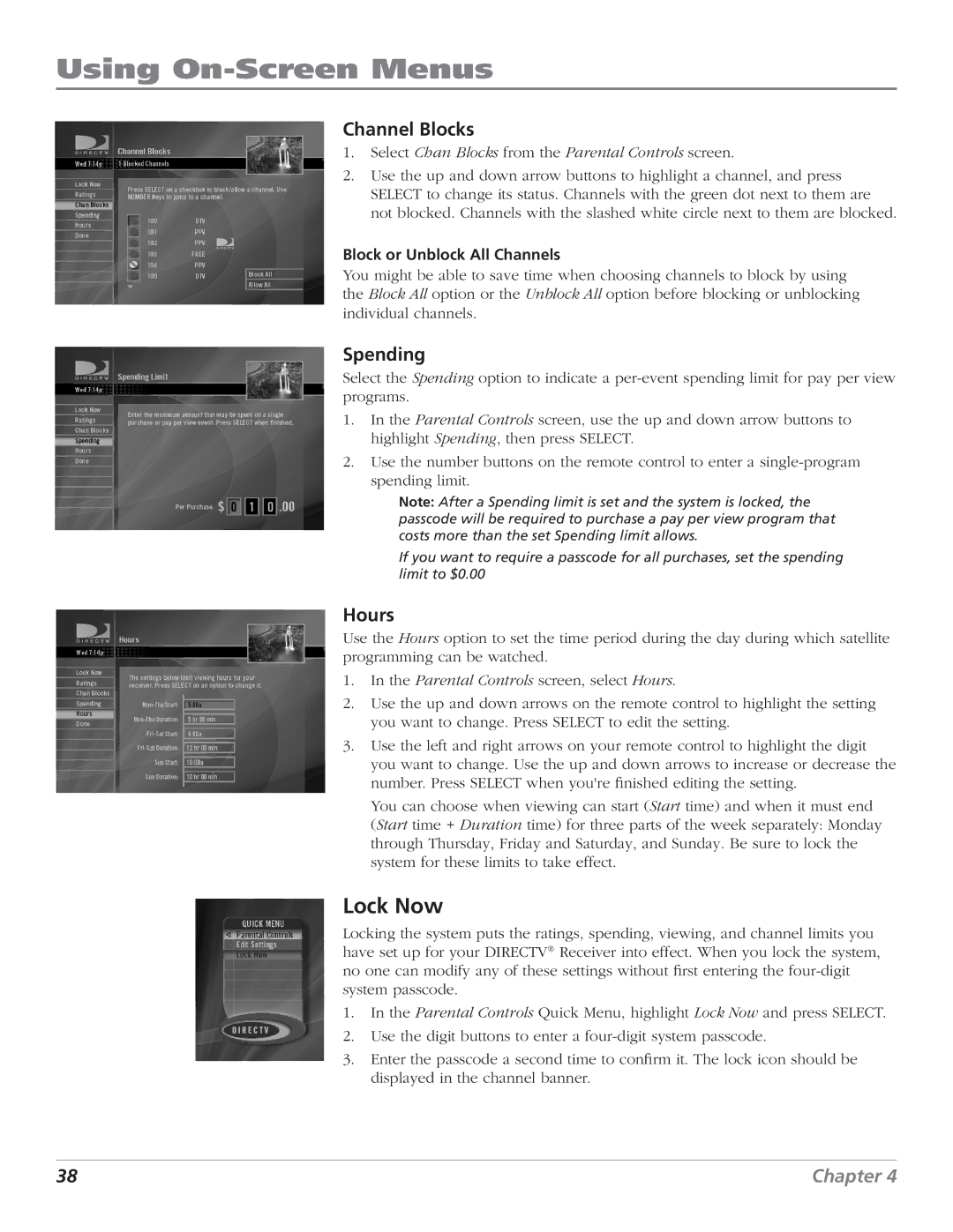 DirecTV D10 manual Lock Now, Channel Blocks, Spending, Hours, Block or Unblock All Channels 