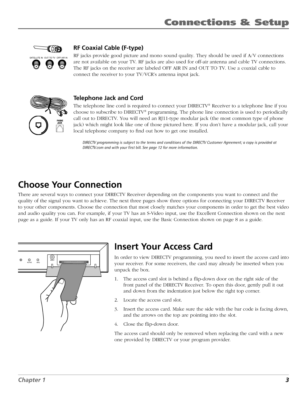 DirecTV D10 manual Connections & Setup, Choose Your Connection, Insert Your Access Card, RF Coaxial Cable F-type 