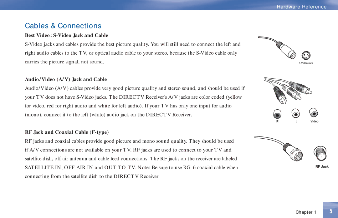 DirecTV D11 manual Cables & Connections, Best Video S-Video Jack and Cable, Audio/Video A/V Jack and Cable 