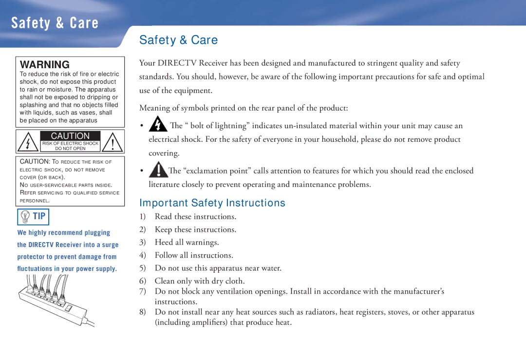 DirecTV D11 manual Safety & Care, Important Safety Instructions 