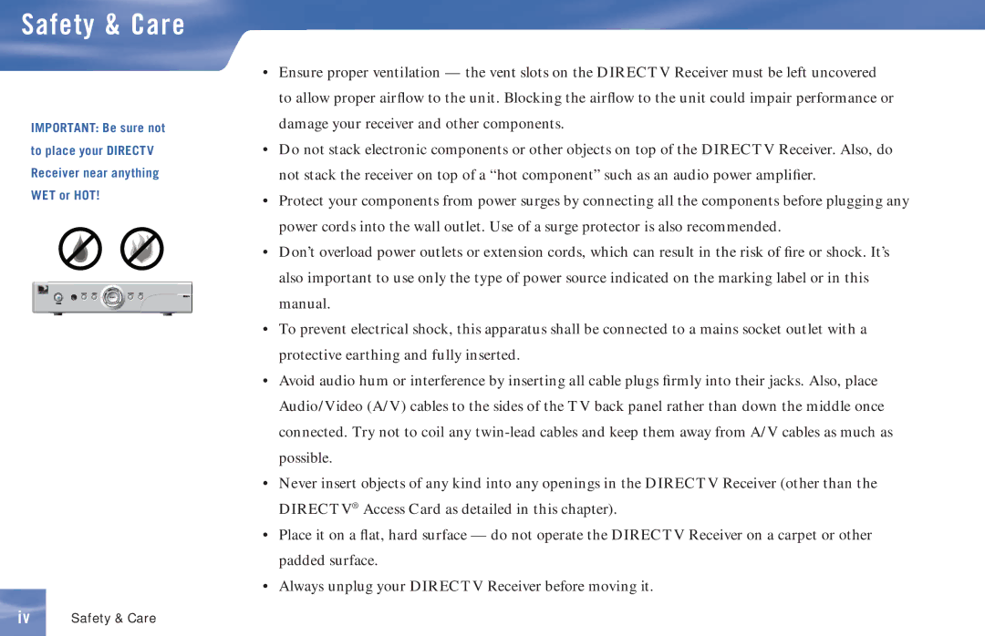 DirecTV D11 manual Iv Safety & Care 