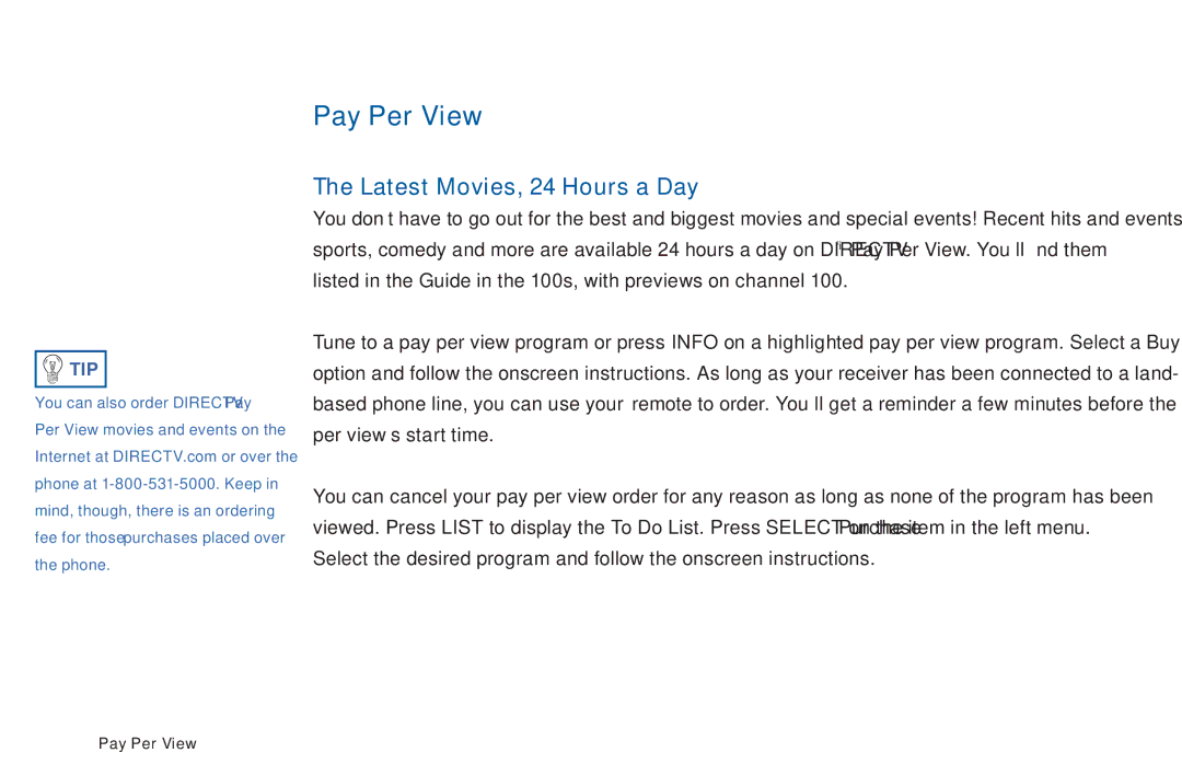 DirecTV D11 manual Pay Per View, Latest Movies, 24 Hours a Day 