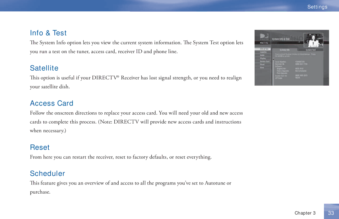 DirecTV D11 manual Info & Test, Satellite, Access Card, Reset, Scheduler 