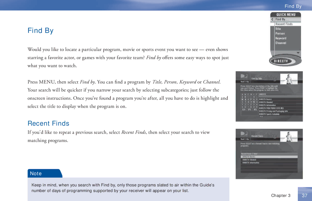 DirecTV D11 manual Find By, Recent Finds 