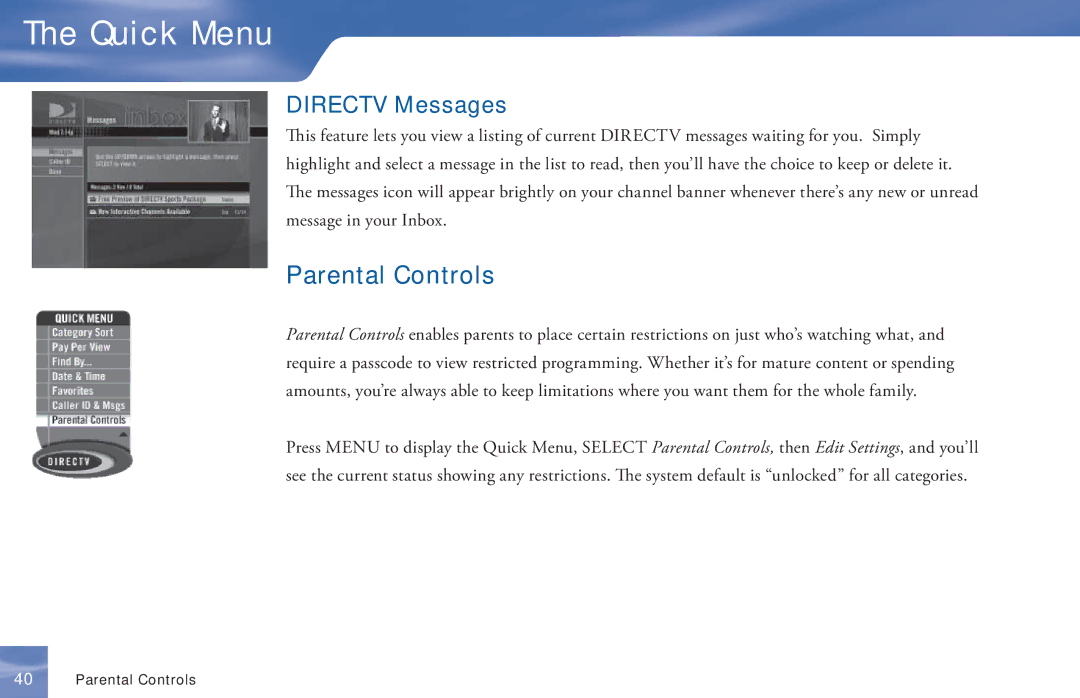 DirecTV D11 manual Parental Controls, Directv Messages 