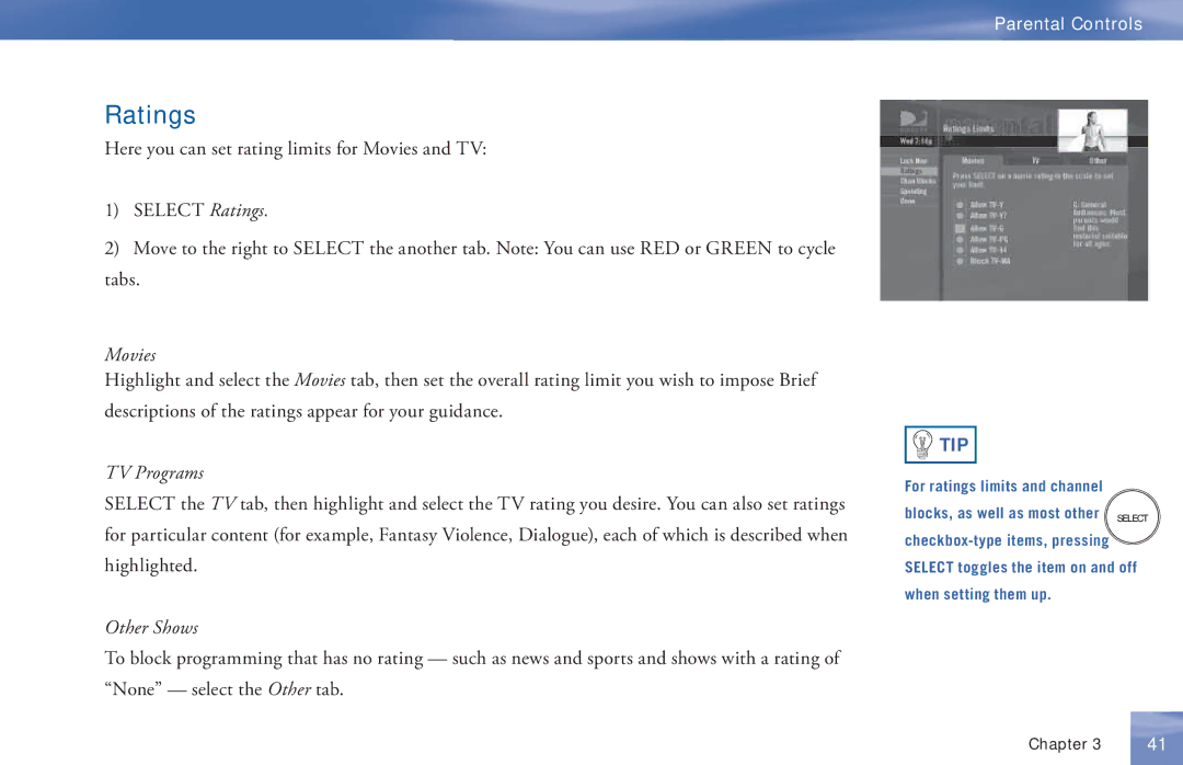 DirecTV D11 manual Ratings, Movies 