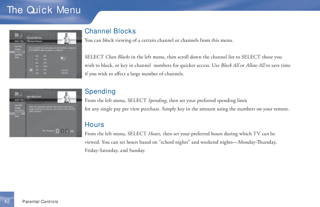DirecTV D11 manual Channel Blocks, Spending, Hours 