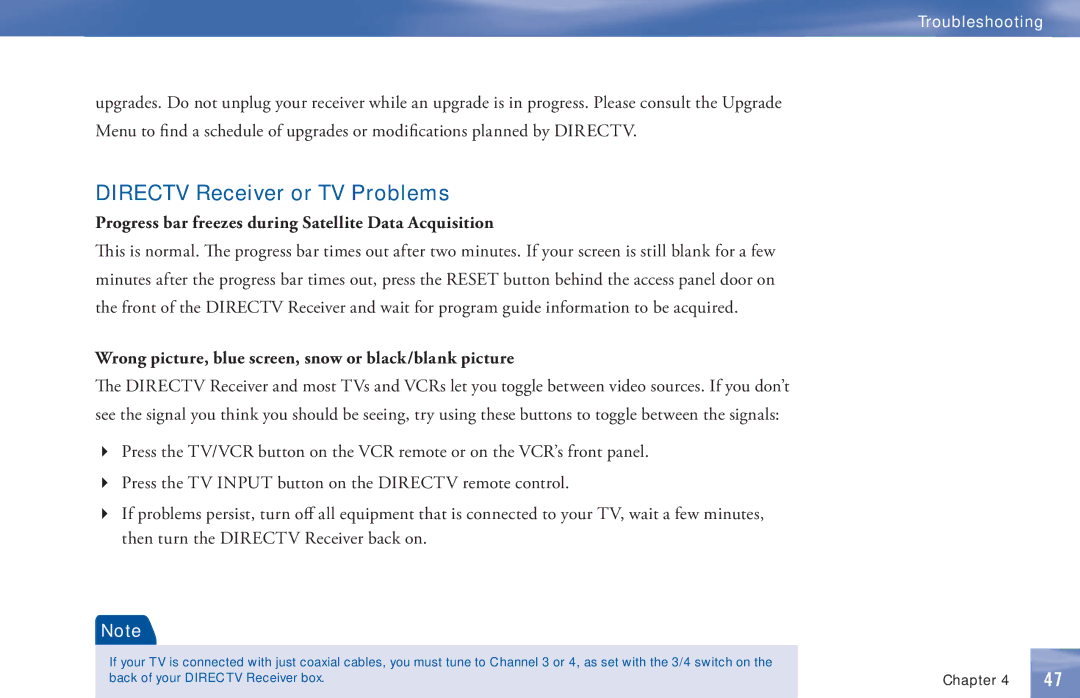 DirecTV D11 manual Directv Receiver or TV Problems, Progress bar freezes during Satellite Data Acquisition 