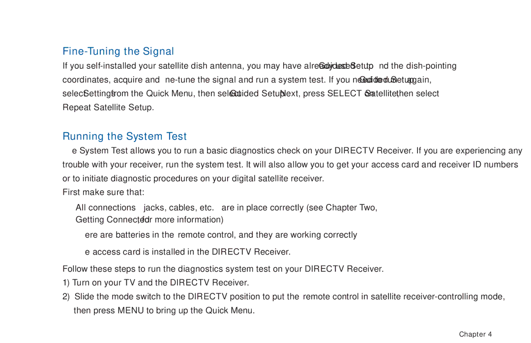 DirecTV D11 manual Fine-Tuning the Signal, Running the System Test, First make sure that 