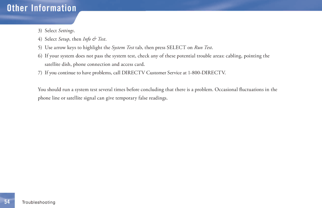 DirecTV D11 manual Select Setup, then Info & Test 