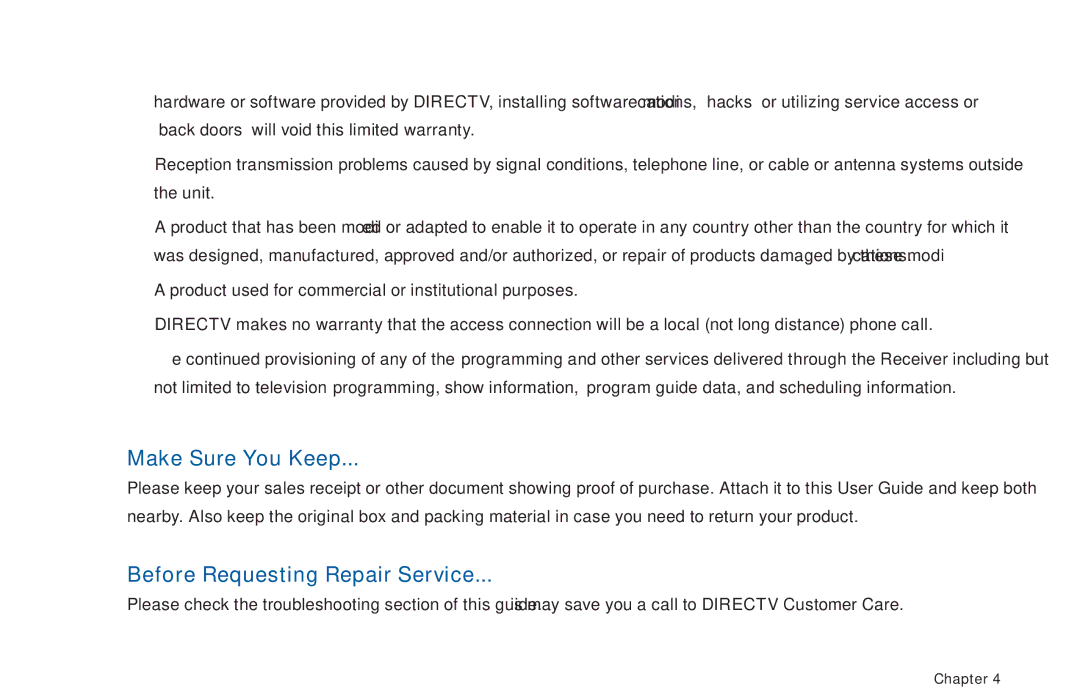 DirecTV D11 manual Make Sure You Keep, Before Requesting Repair Service 