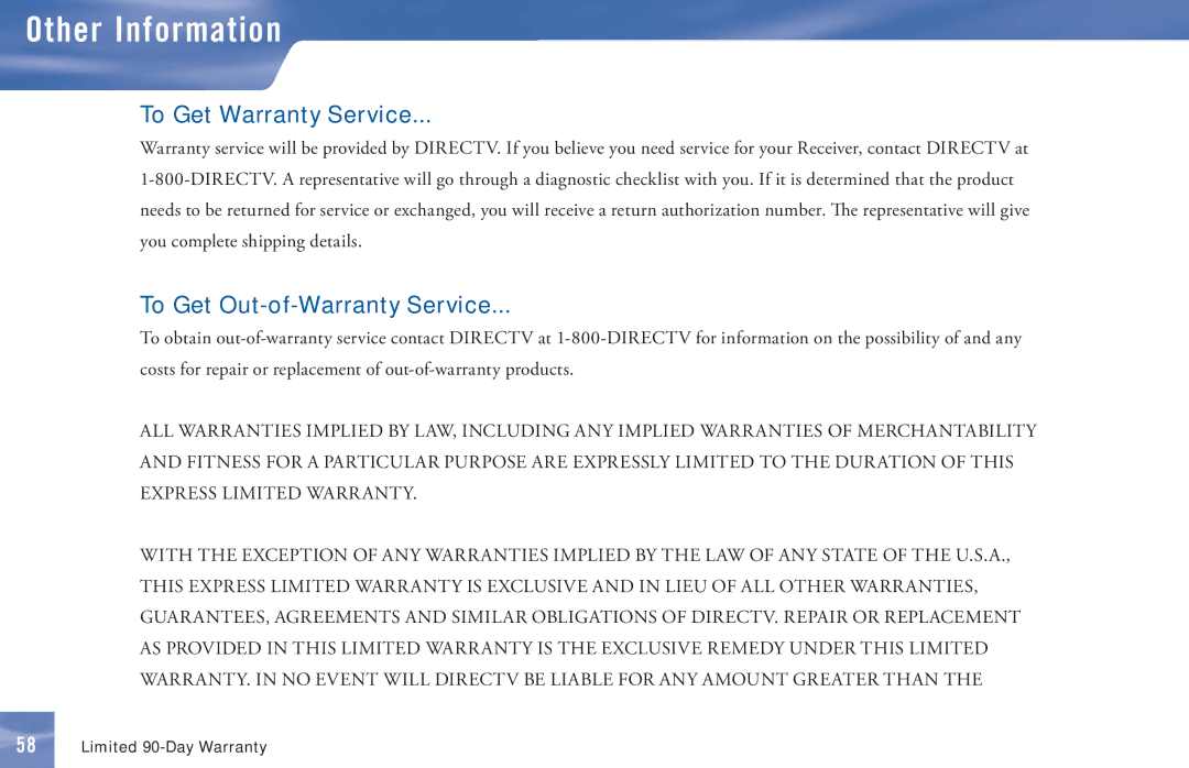 DirecTV D11 manual To Get Warranty Service, To Get Out-of-Warranty Service 