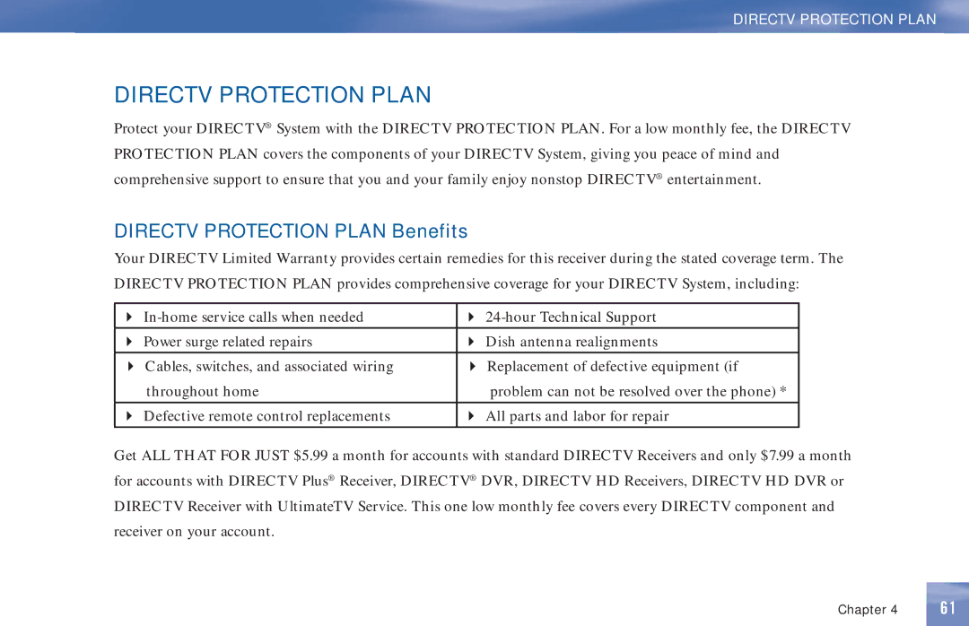 DirecTV D11 manual Directv Protection Plan Benefits 